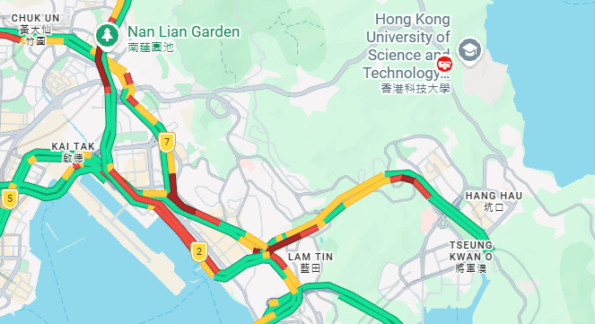 下午6時20分左右，觀塘及將軍澳一帶交通大擠塞。Google Map截圖
