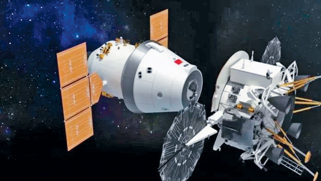 新一代載人太空船「夢舟」和月面着陸器「攬月」的構想圖。