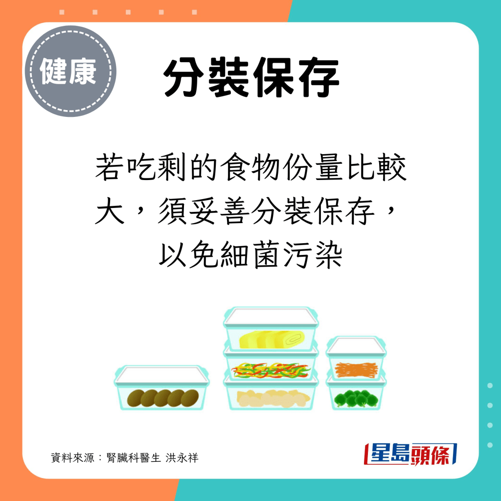 若吃剩的食物份量比较大，须妥善分装保存，以免细菌污染