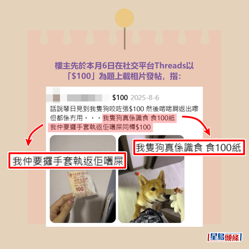 樓主先於本月6日在社交平台Threads以 「$100」為題上載相片發帖，指：Threads截圖