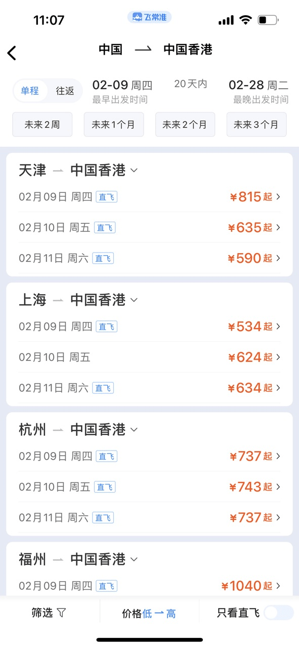 2月9日上海直飛香港機票價格最低為534元。
