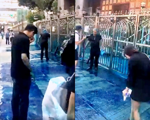 市民在清真寺外被藍色水射中。譚文豪facebook影片截圖
