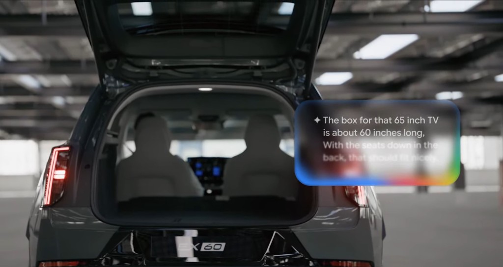 Google built-in的Gemini AI可回覆有關車輛的問題,如65吋電視能否塞入車尾廂。 Google built-in的Gemini AI可回覆有關車輛的問題,如65吋電視能否塞入車尾廂。