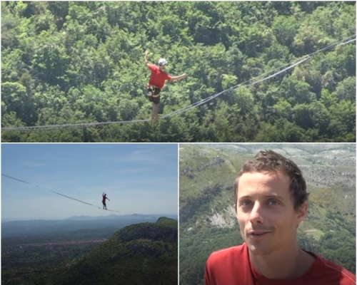 库内艺高人胆大，在离地600米的两座山之间，挑战高空走软绳，成功打破世界纪录。 