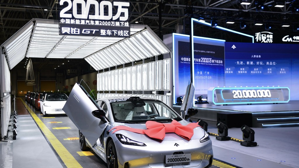 中国第2000万辆下线的新能源汽车「昊铂GT」。 新华社