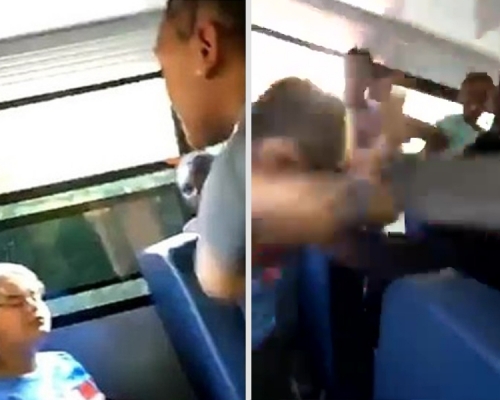 14歲男生(藍衫)車上慘遭圍毆。(網圖)