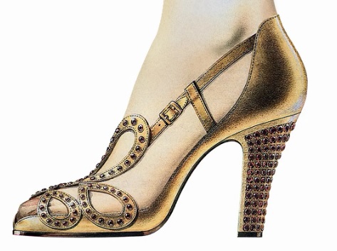 出自Mr. Roger Vivier手筆的鞋跟鑲嵌寶石的金色高跟鞋。