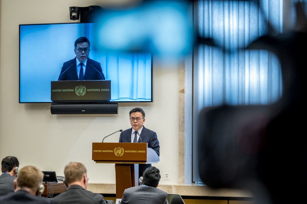 沈健在日內瓦裁軍談判會議上發言，闡述中方關於當前國際安全與軍控熱點問題立場。法新社