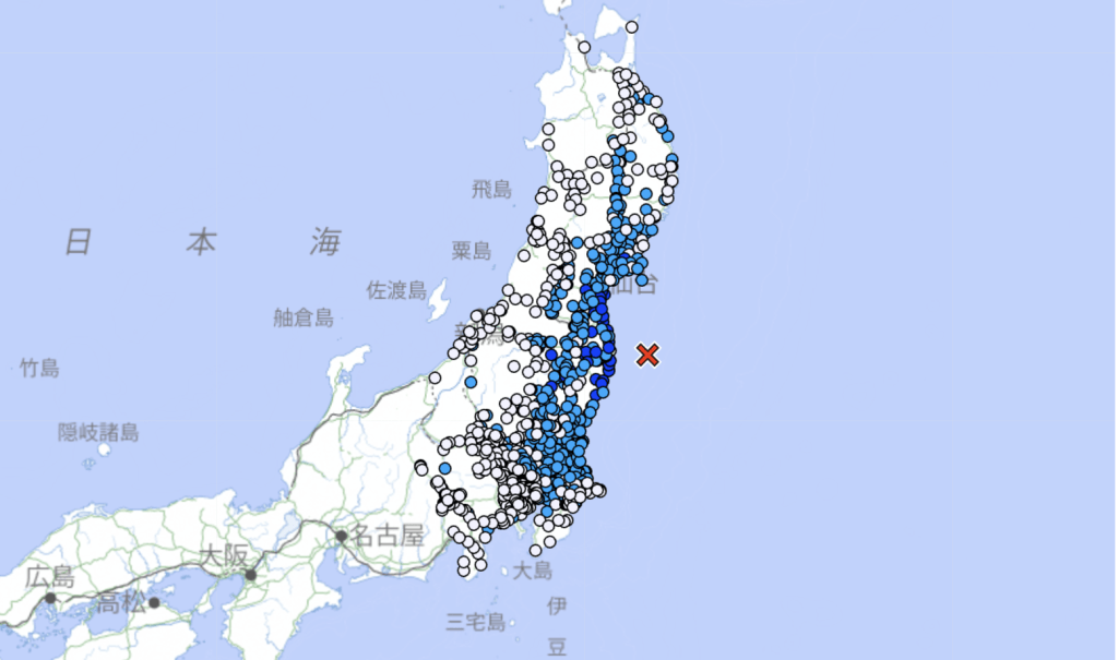 日本福島縣外海發生5.7級地震， 東京等地亦有感。日本氣象廳截圖