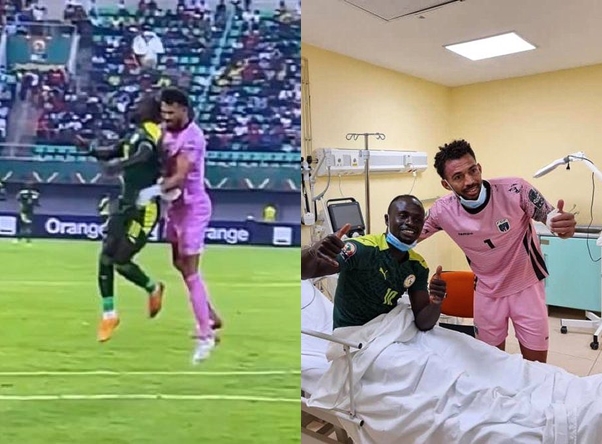 文尼年初非洲國家盃十六強鬥佛得角，被撞至腦震盪（左圖），事後佛得角門將禾仙拿（右圖合）到醫院探望他。