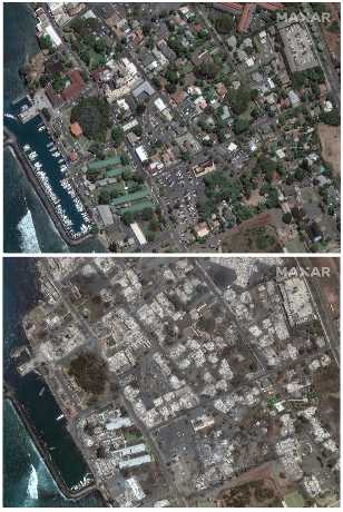 卫星图片显示拉海纳（上图）山火前与山火后（下图）对比。美联社