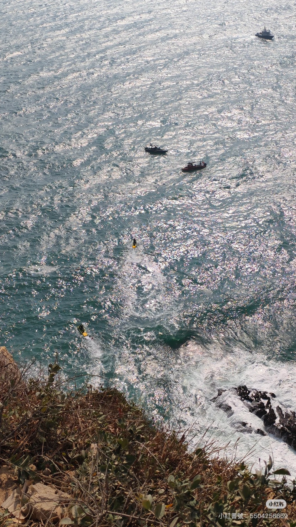 消防小艇在海面搜救。小紅書圖片
