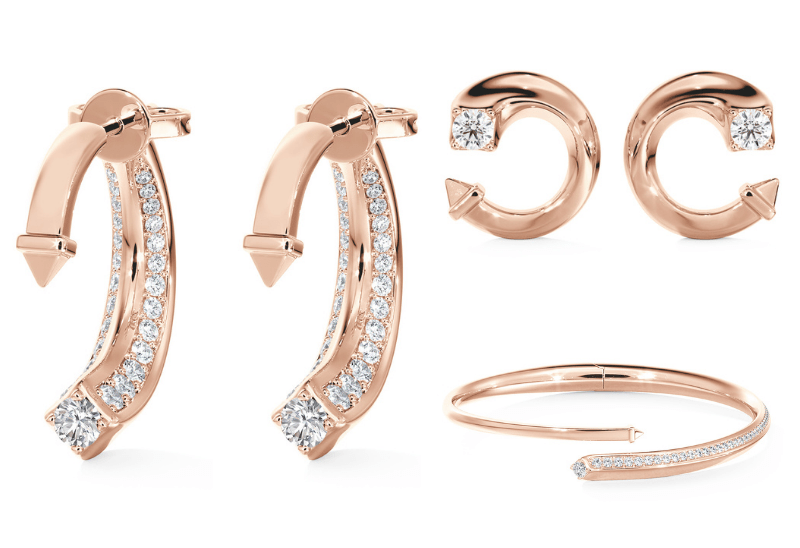 18K玫瑰金密鑲美鑽耳環，售價由$24,500起，18K玫瑰金單顆美鑽耳環（迷你版），售價由$11,400起。18K玫瑰金密鑲美鑽手鐲，售價由$43,900起。