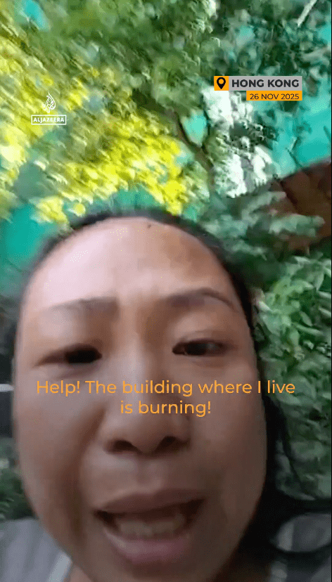 菲傭 Nerissa Catabay抱着幼主由23樓狂奔逃命，更邊走邊直播，提醒同鄉及住戶盡快離開。X@Al Jazeera English