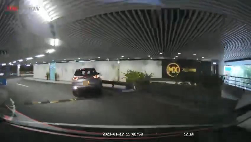 女司未有回應，甚至沒有留意路面情況，最後直撞停車場圍欄。