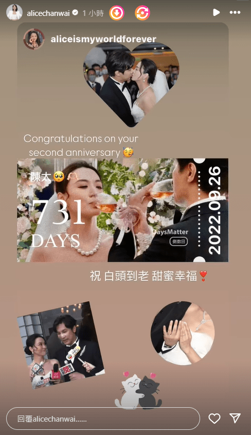 陈炜在IG的限时动态贴出两年前的婚照。