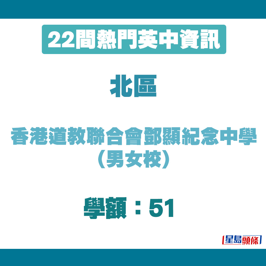 香港道教聯合會鄧顯紀念中學學額。