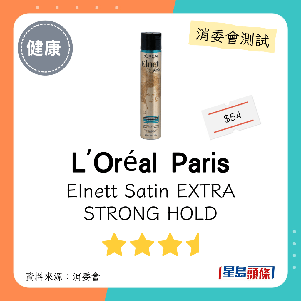 消委會不含香料致敏物頭髮造型產品｜L'Oréal Paris Elnett Satin EXTRA STRONG HOLD。