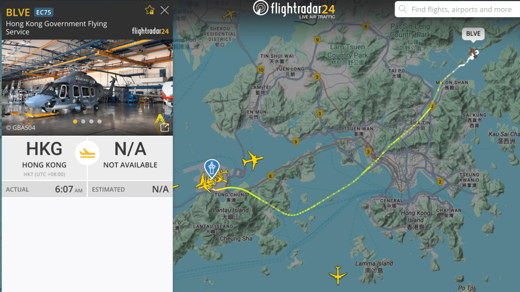 飛行服務隊到場協助搜救。Flightradar24 圖片