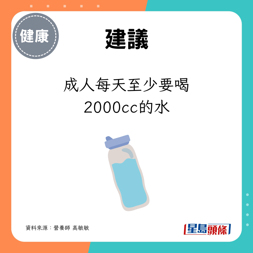 成人每天至少要喝2000cc的水