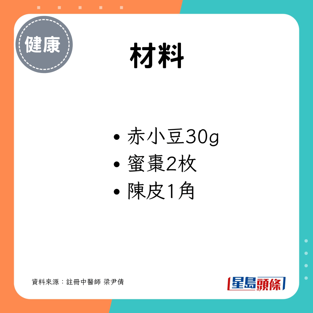 赤小豆30g、蜜棗2枚、陳皮1角