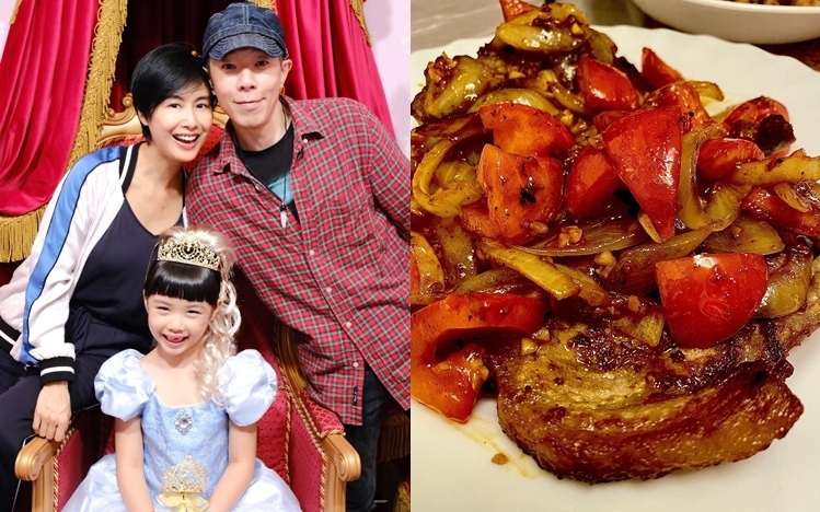 朱茵好開心因為老公同個女爭住食佢整嘅豬扒。