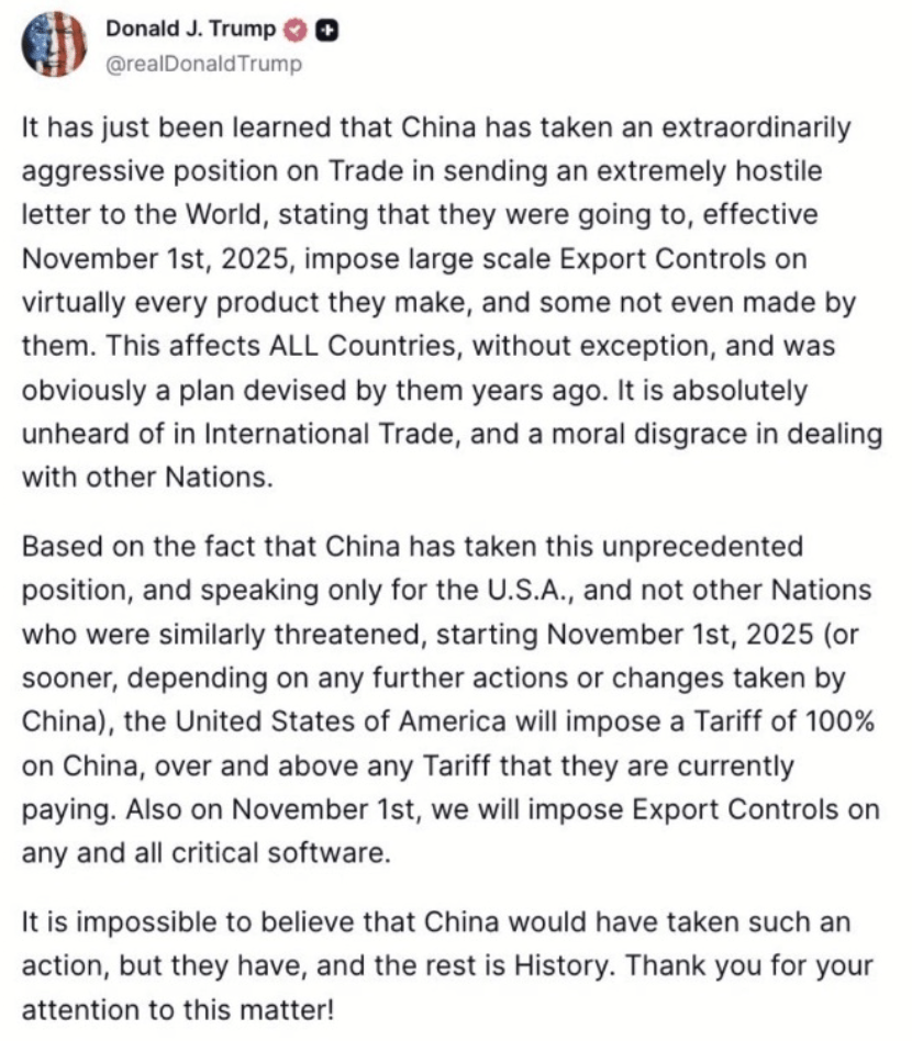 特朗普在社交平台宣布,下月一日起向中國貨額外加徵百分之一百關稅,並全面管制所有關鍵軟件出口。 特朗普在社交平台宣布,下月一日起向中國貨額外加徵百分之一百關稅,並全面管制所有關鍵軟件出口。