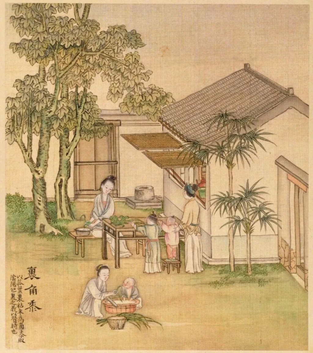 清宮廷畫家徐揚替乾隆帝畫的《端陽故事圖》:裹角黍—即是包糉子。 故宮博物院藏 清宮廷畫家徐揚替乾隆帝畫的《端陽故事圖》:裹角黍—即是包糉子。 故宮博物院藏