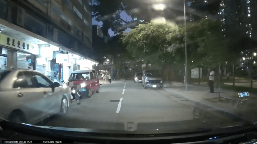 車輛左方有多輛車輛停泊，兩名幼童突然走出。Facebook 車cam L（香港群組）影片截圖