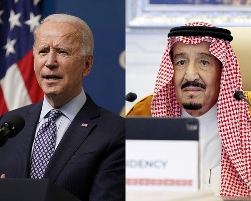 拜登(左)與沙特阿拉伯國王薩勒曼(右)通電話。AP資料圖片