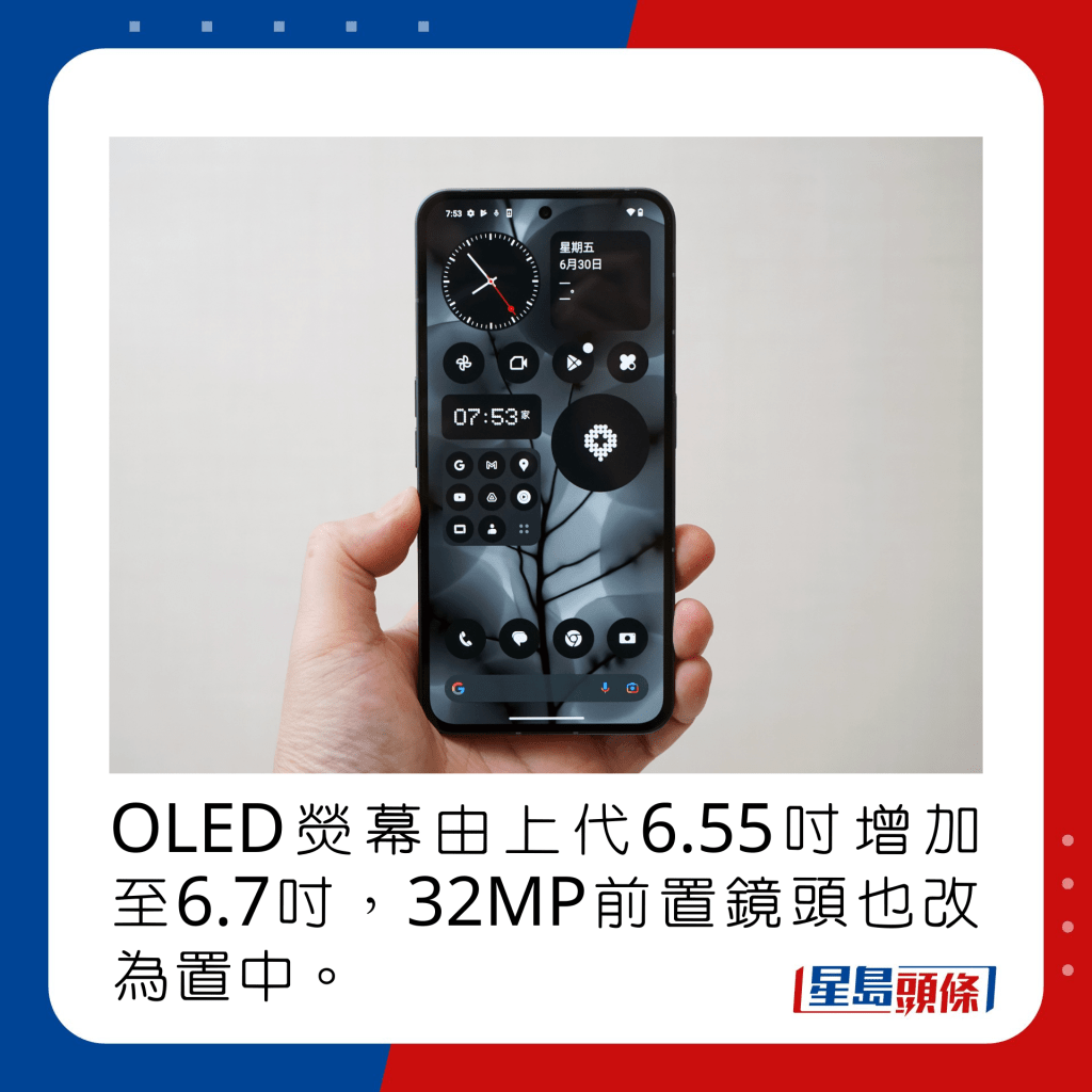 OLED熒幕由上代6.55吋增加至6.7吋，32MP前置鏡頭也改為置中。