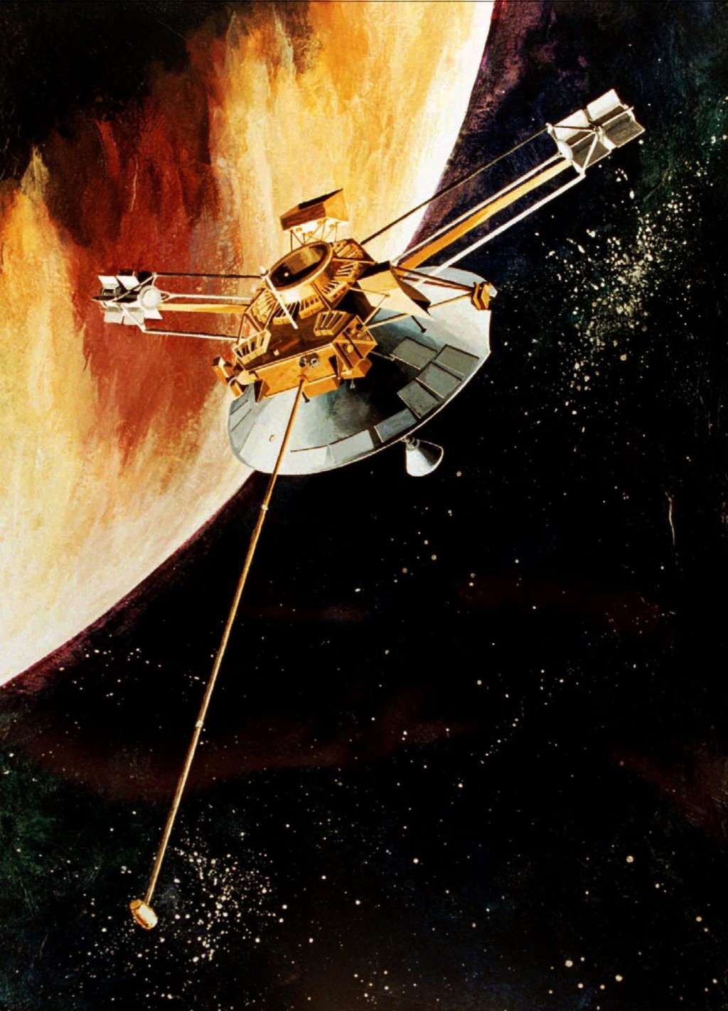 画家笔下“先锋10号”在1973年飞越木星的情景。 美联社