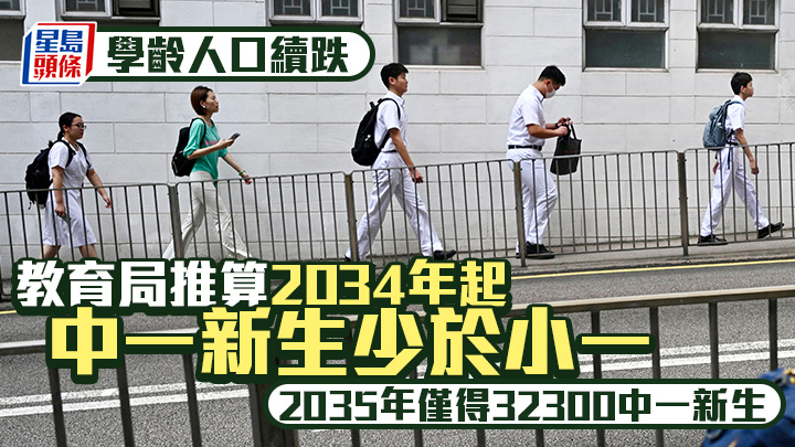 学龄人口续跌 教局推算2034年起中一新生少于小一 2035年仅得32300人