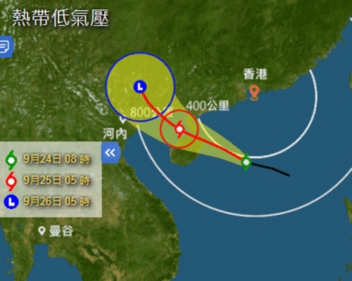 該熱帶低氣壓會在今日將於香港之西南約300公里外掠過。圖:天文台