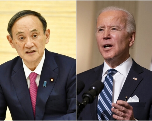 美國總統拜登（右）剛上任，首次與日本首相菅義偉（左）通電話。AP圖片
