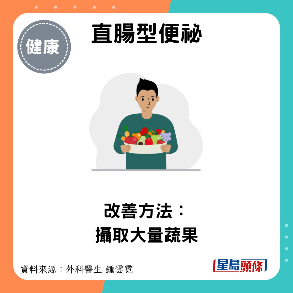 直腸型便祕:改善方法： 攝取大量蔬果