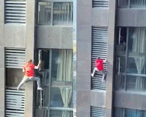 技工零裝備上陣，徒手爬出17樓單位維修冷氣 。影片截圖