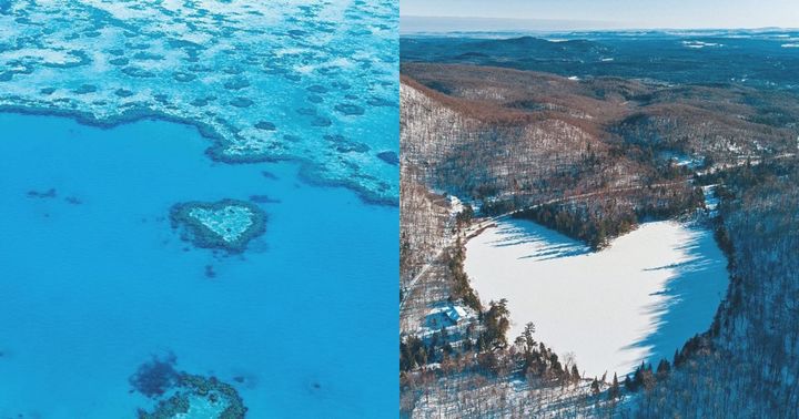 澳洲大堡礁圣灵群岛的心形珊瑚礁（左）及加拿大魁北克省的心形湖泊（右）均极浪漫迷人。