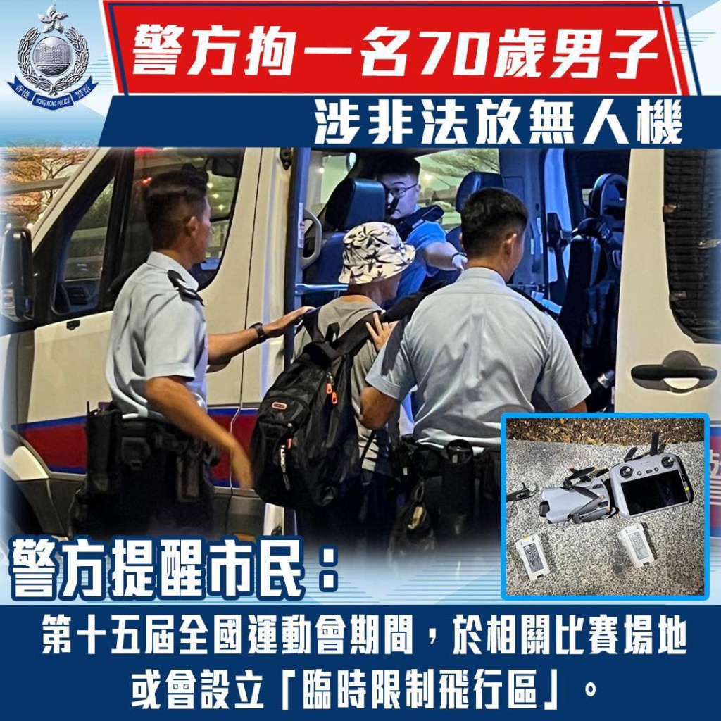 一名男子在維園放飛無人機，被警方拘捕。警方FB