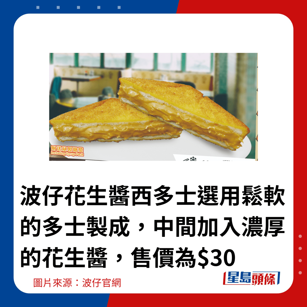 波仔花生醬西多士選用鬆軟的多士製成，中間加入濃厚的花生醬，售價為$30