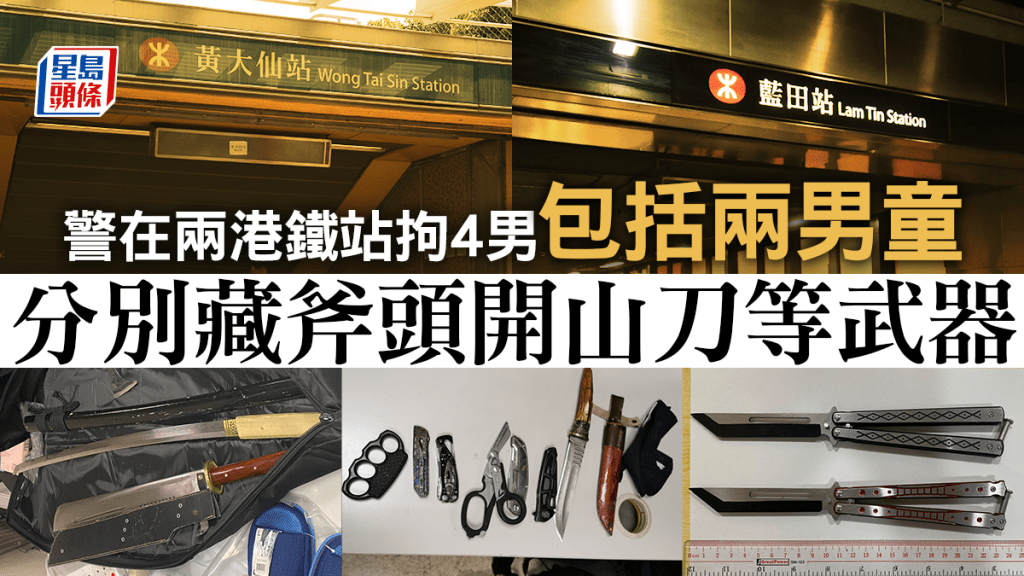 警員在兩名男子的袋中發現鐵蓮花、摺刀、開山刀及斧頭等８件重裝武器。