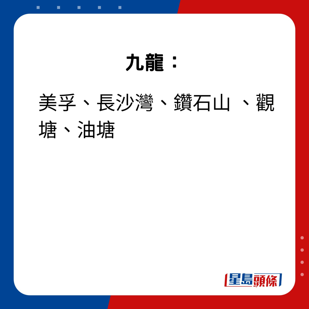 九龙：美孚、长沙湾、钻石山 、观塘、油塘