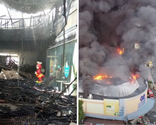 菲律賓一個商場發生火災，惟Jollibee吉祥物快樂蜂未被大火波及，絲毫無損。網上圖片