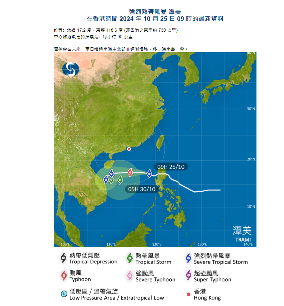 天文台預料潭美今日日間大部分時間會與本港保持約600公里以上距離。天文台網頁截圖