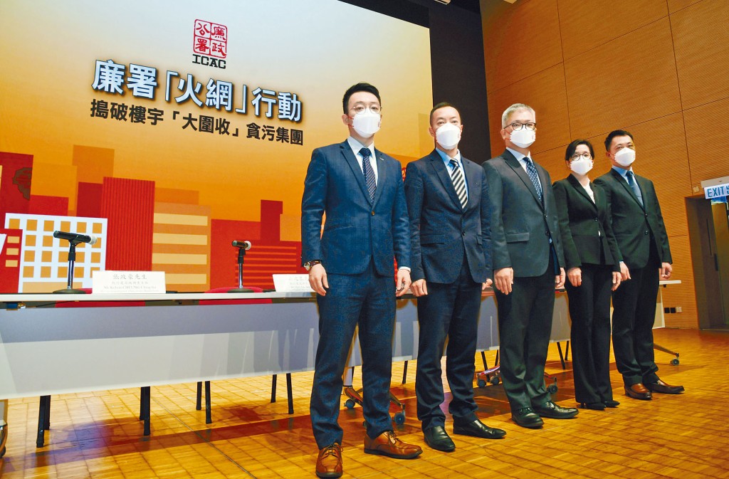 廉署「火網」行動大破維修貪污集團。左起:張致豪、吳兆基、莊家樂、 余顯麗及黃子明。