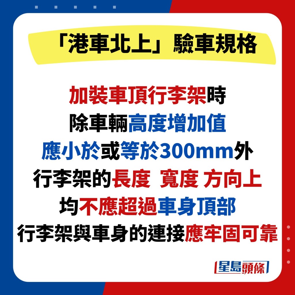 加裝車頂行李架時 除車輛高度增加值 應小於或等於300mm外 行李架的長度  寬度 方向上 均不應超過車身頂部 行李架與車身的連接應牢固可靠