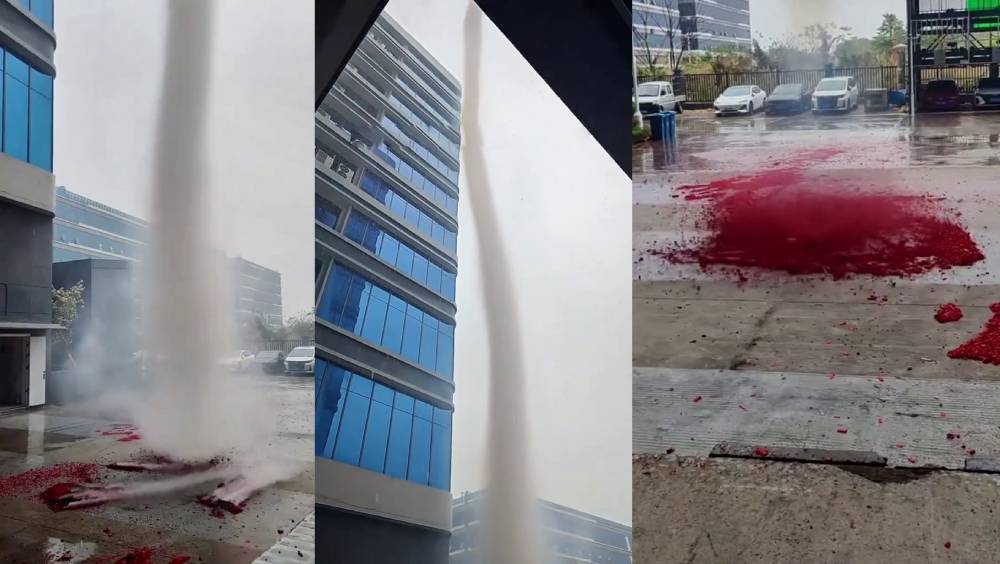 廣東企業開工放鞭炮，現場驚現「龍吸水」？