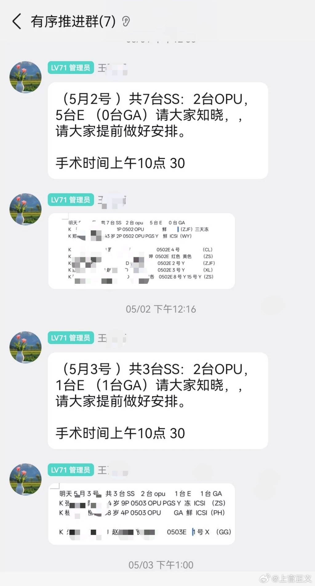 地下代孕工廠人員的聊天截圖，顯示手術數量很高。微博＠上官正義