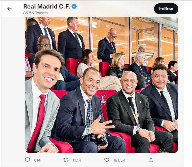皇家馬德里官方Tweeter帳戶不久前更新動態，展出了四人的合照。網上圖片