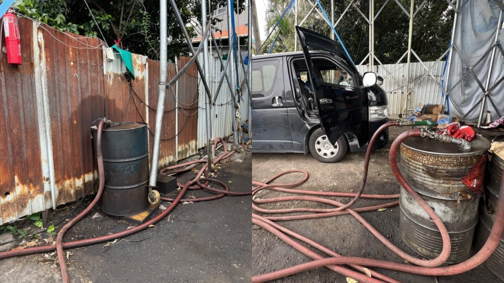 上水馬適路鬼油站鄰近民居極危險 警夥消防搗破 截獲70歲黑幫男